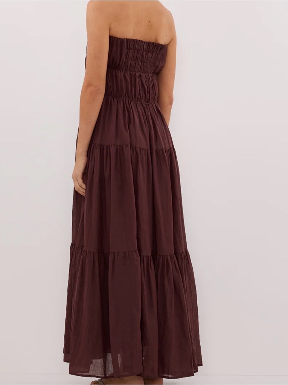 DISSH Strapless Tiered Maxi Dress in Chocolate Brown